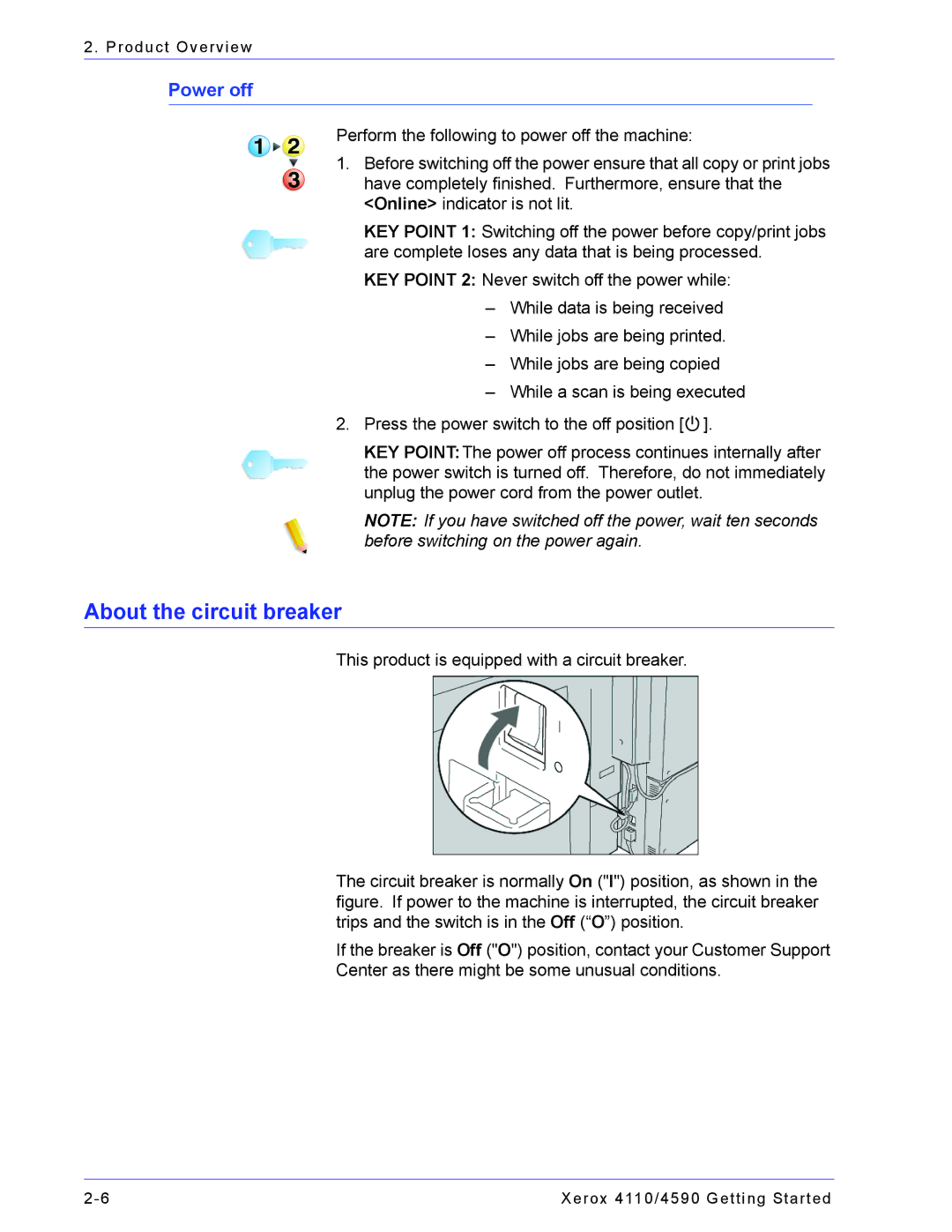 Xerox 4590, 4110 manual About the circuit breaker, Power off 