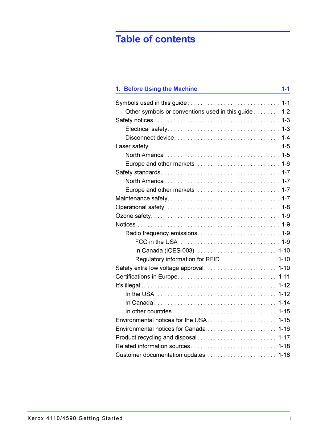 Xerox 4110, 4590 manual Table of contents 