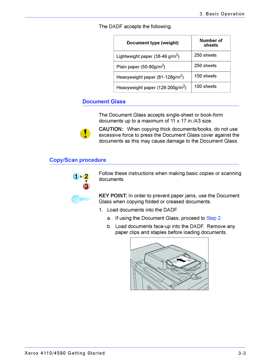 Xerox 4110, 4590 manual Document Glass, Dadf accepts the following 