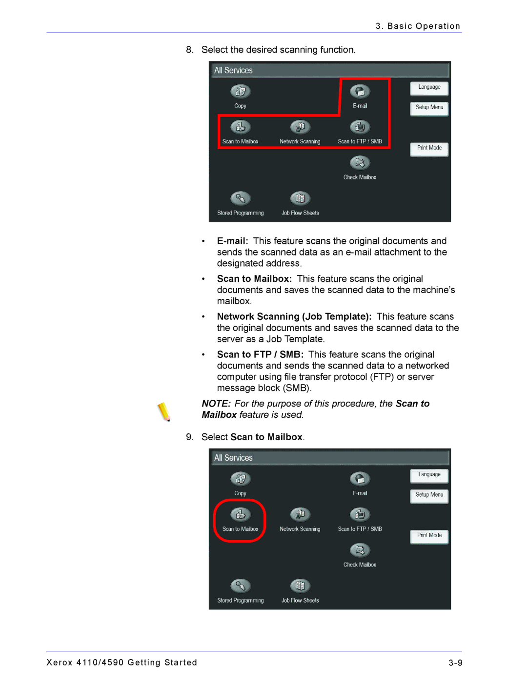 Xerox 4110, 4590 manual Select Scan to Mailbox 