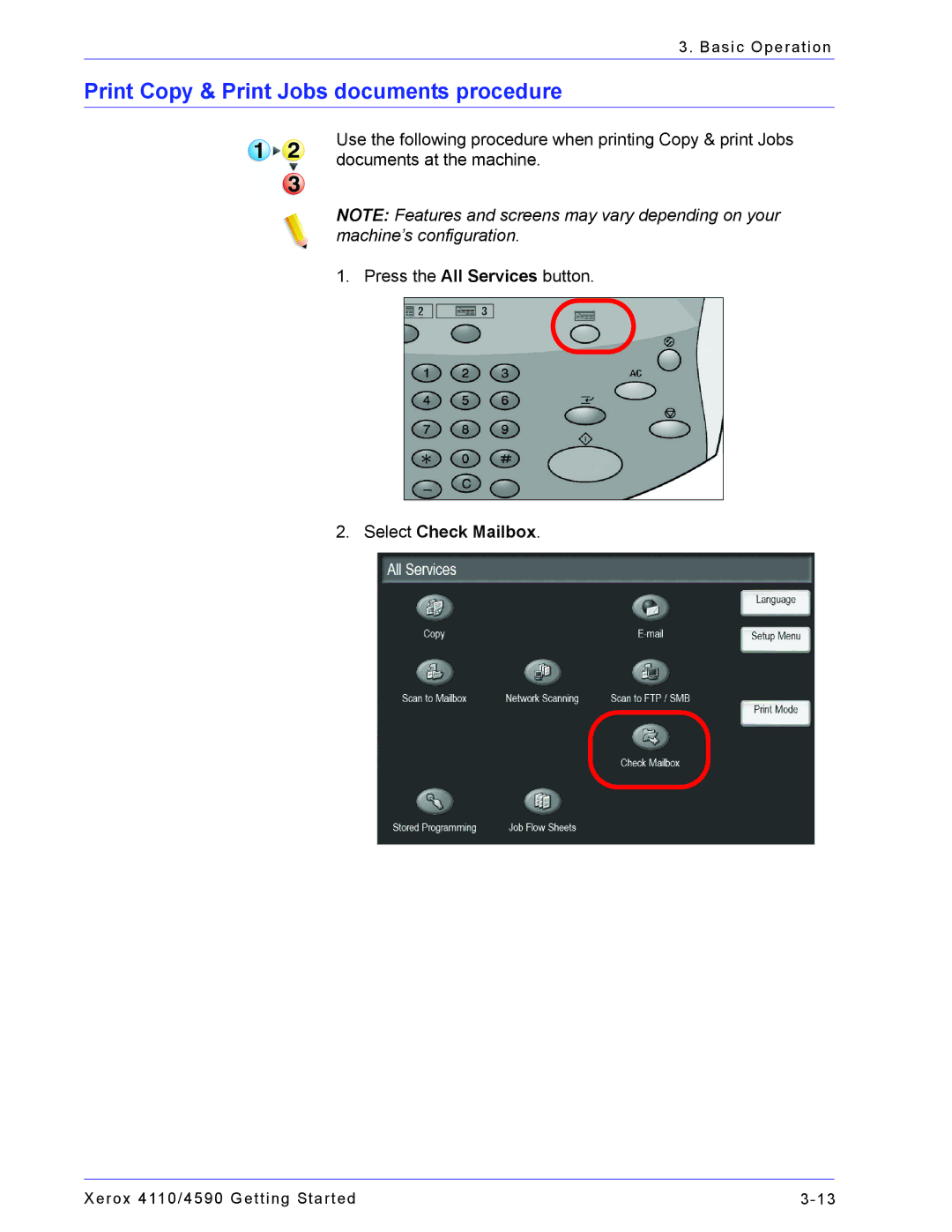 Xerox 4110, 4590 manual Print Copy & Print Jobs documents procedure 