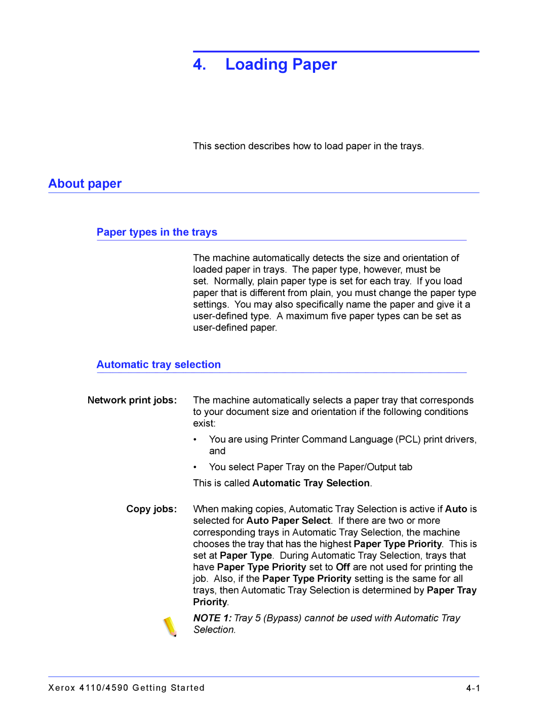 Xerox 4110, 4590 manual Loading Paper, About paper, Paper types in the trays, Automatic tray selection 