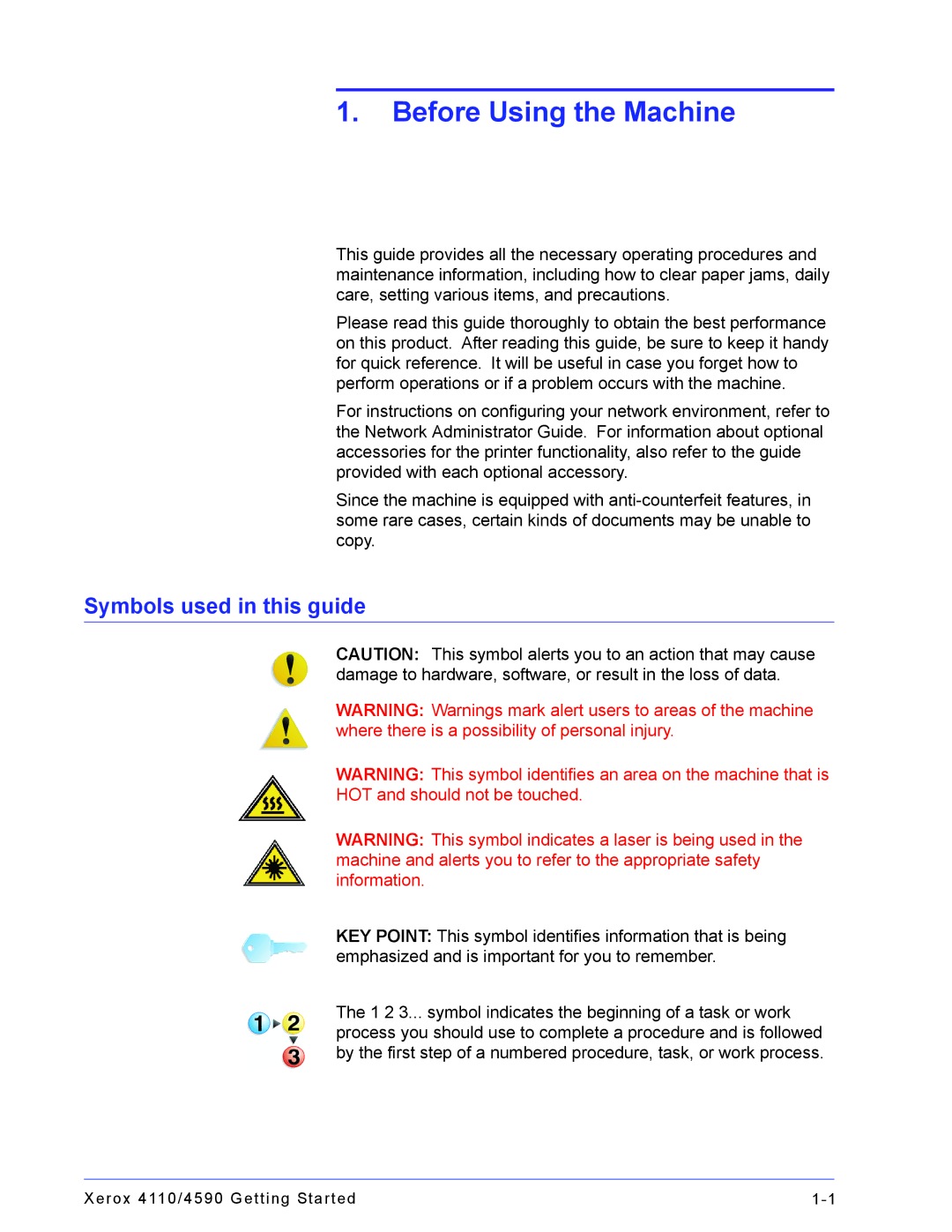 Xerox 4110, 4590 manual Before Using the Machine, Symbols used in this guide 