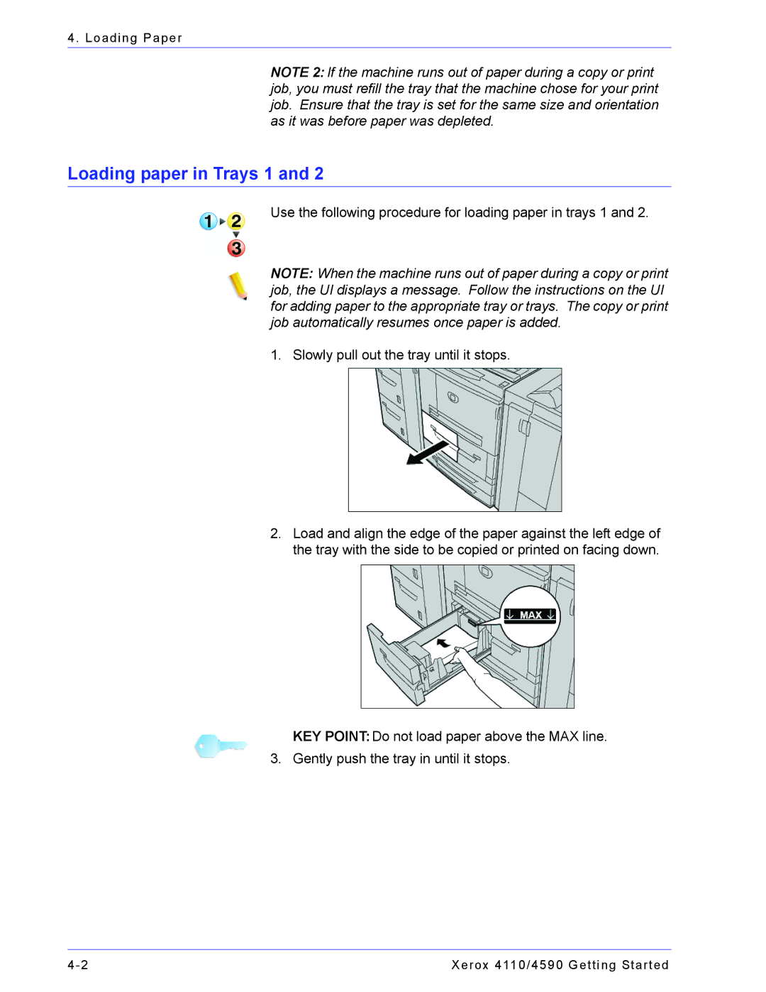 Xerox 4590, 4110 manual Loading paper in Trays 1 