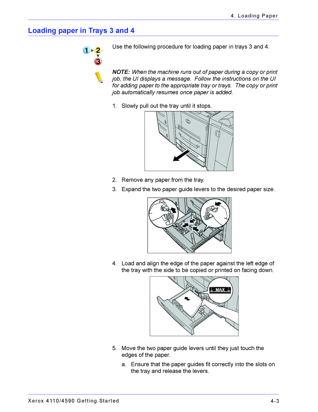 Xerox 4110, 4590 manual Loading paper in Trays 3 