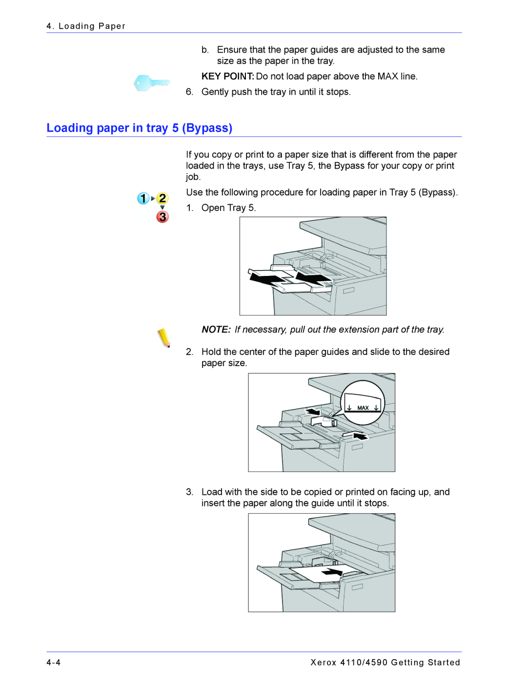 Xerox 4590, 4110 manual Loading paper in tray 5 Bypass 