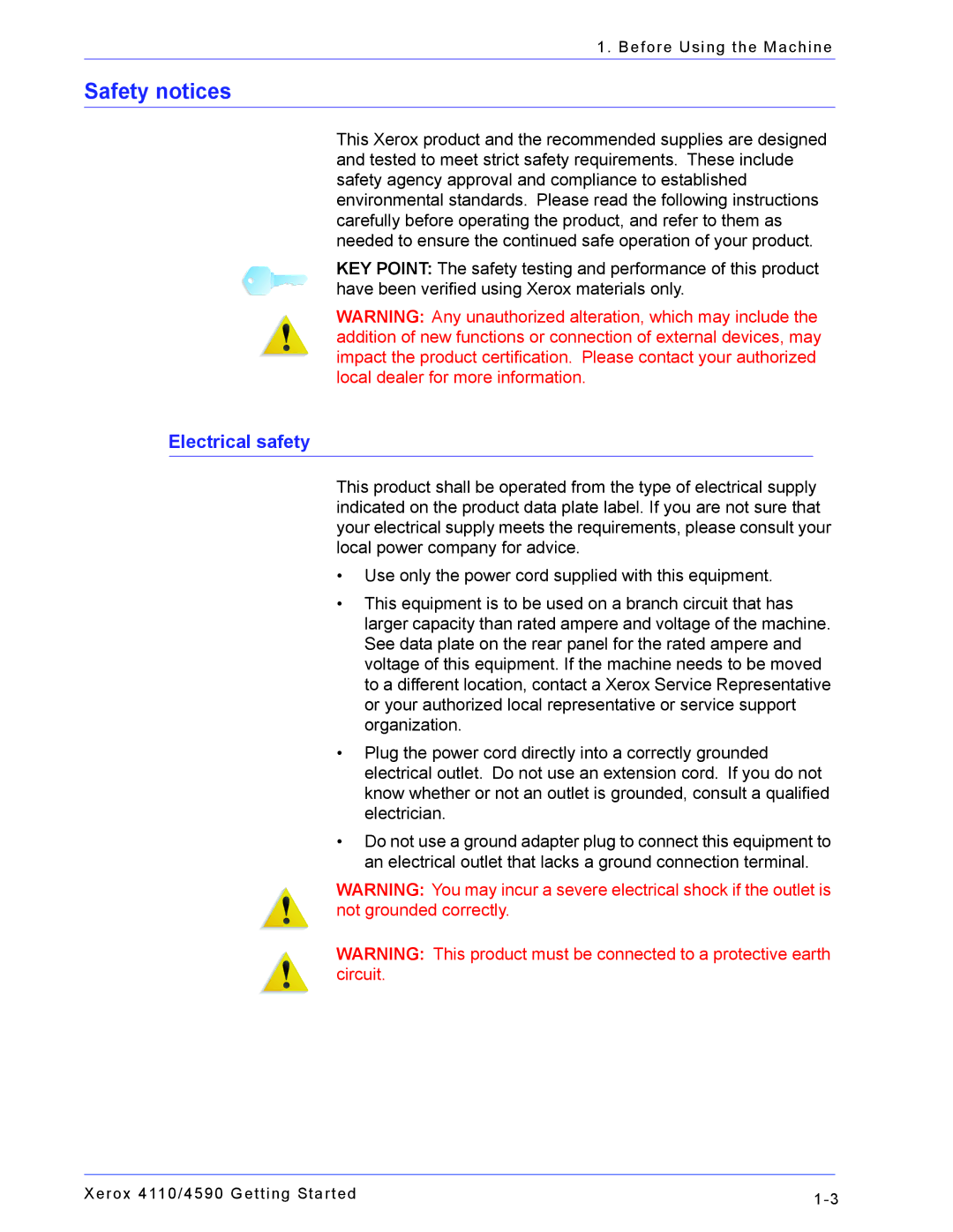 Xerox 4110, 4590 manual Safety notices, Electrical safety 