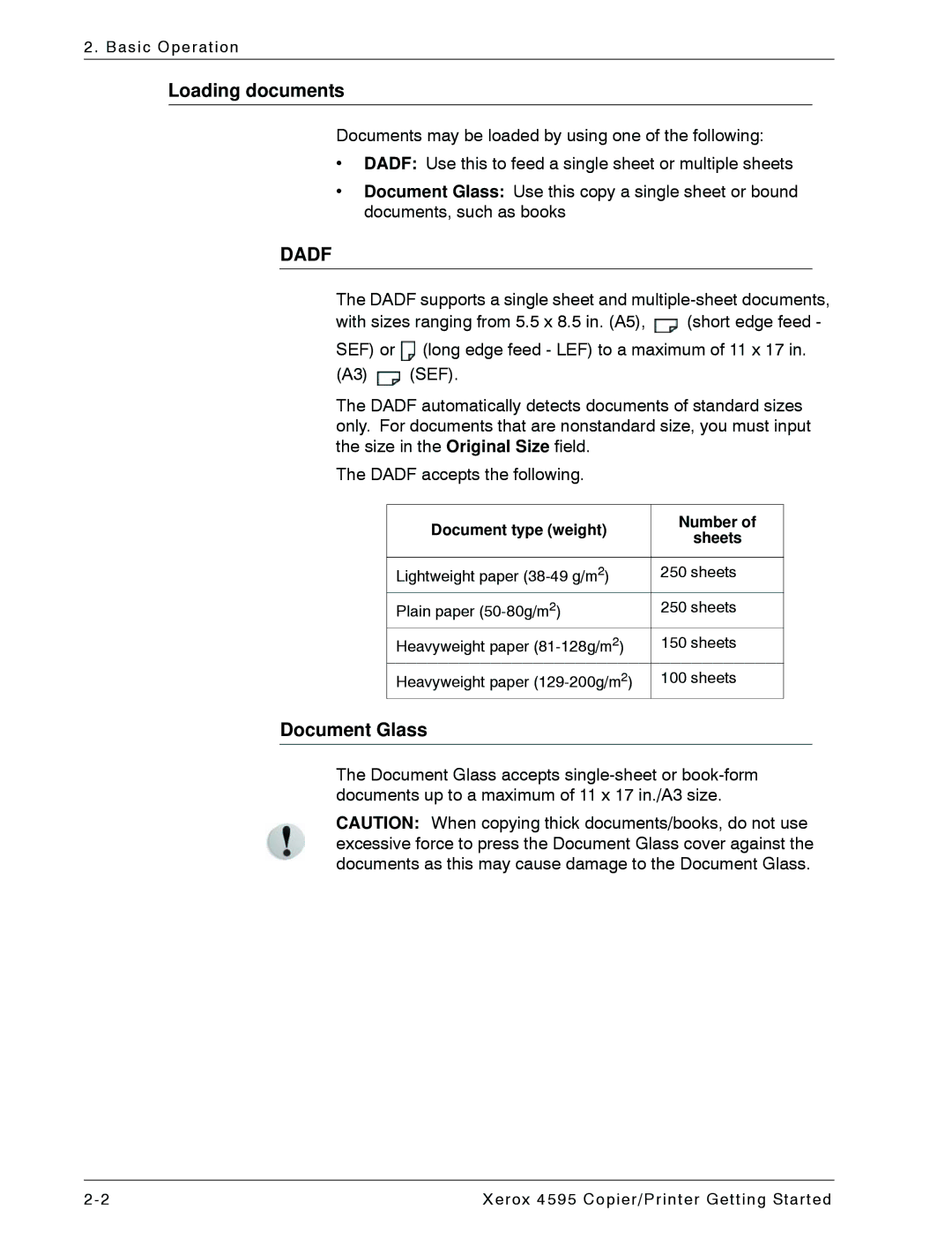 Xerox 4595 manual Loading documents, Document Glass 