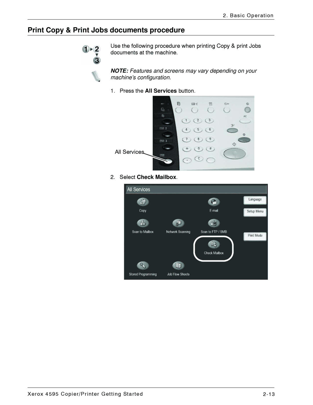 Xerox 4595 manual Print Copy & Print Jobs documents procedure, Select Check Mailbox 