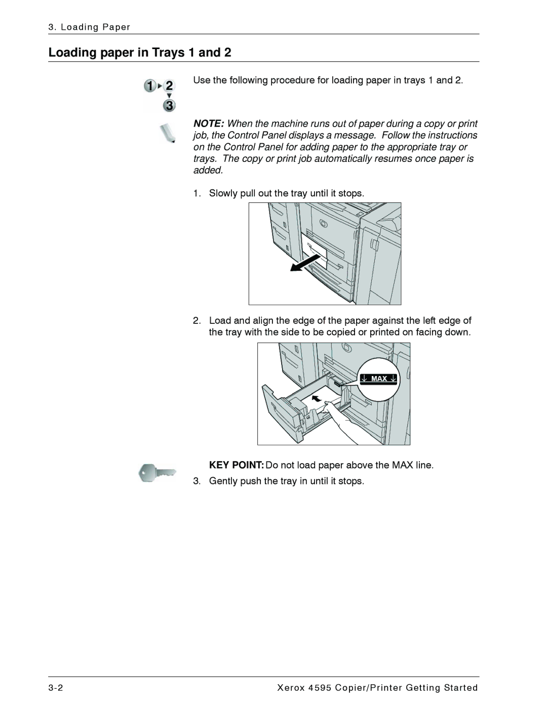 Xerox 4595 manual Loading paper in Trays 1 