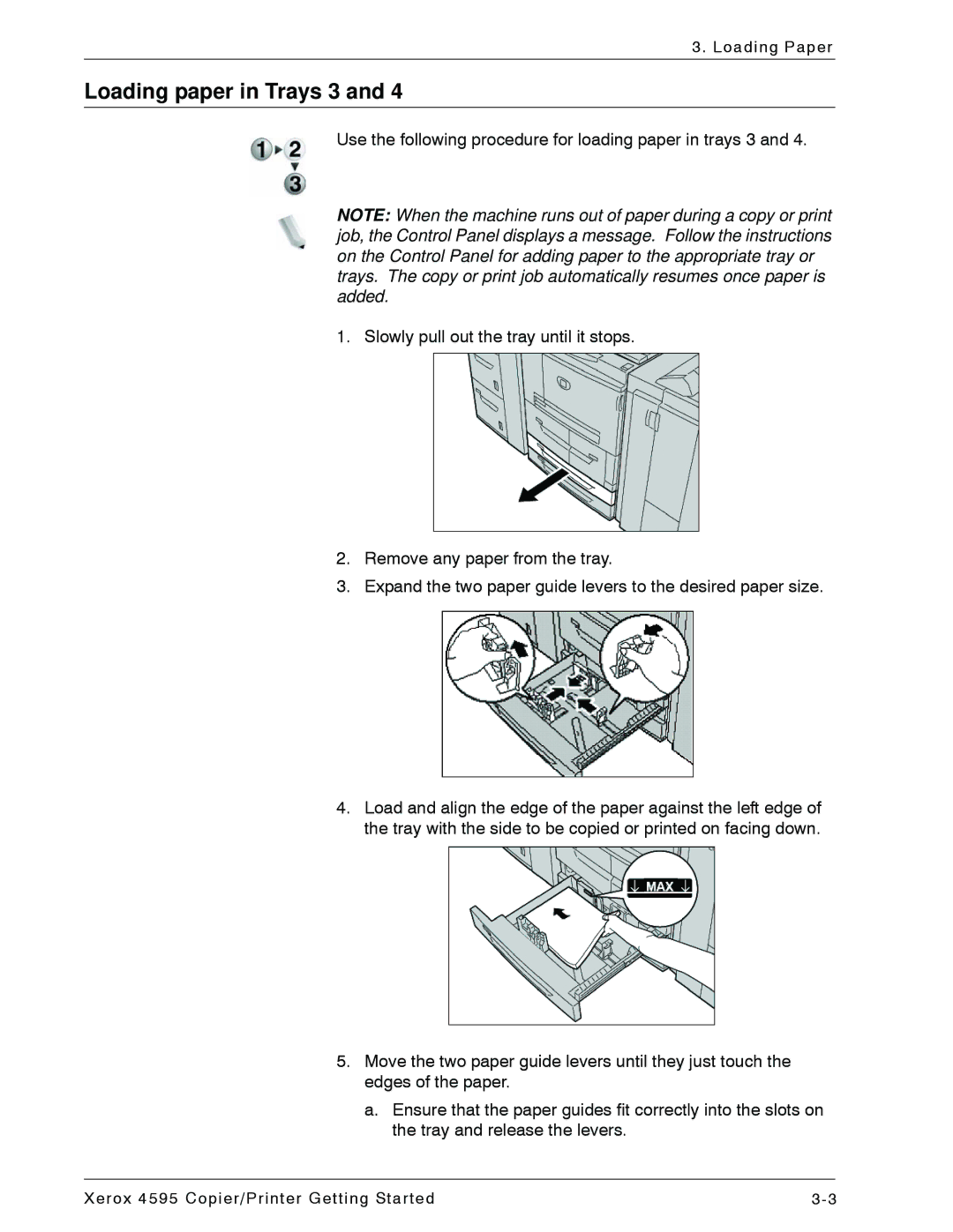 Xerox 4595 manual Loading paper in Trays 3 