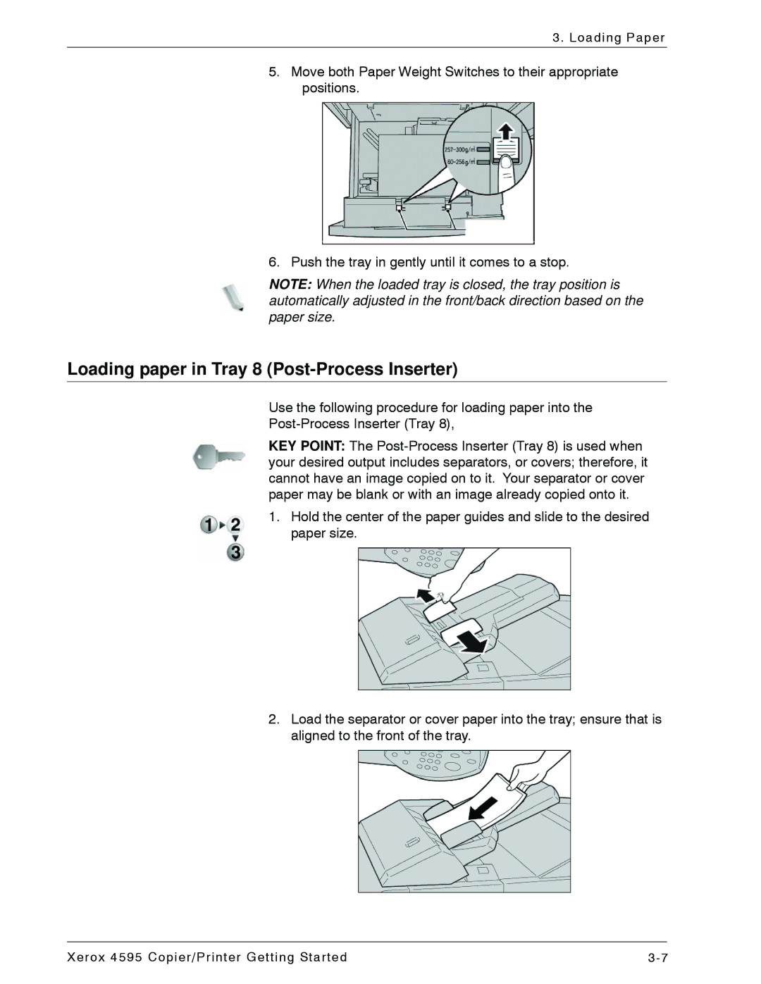 Xerox 4595 manual Loading paper in Tray 8 Post-Process Inserter 