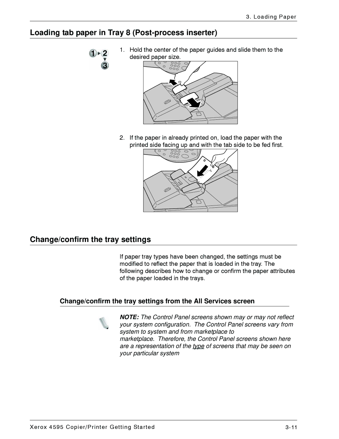 Xerox 4595 manual Loading tab paper in Tray 8 Post-process inserter, Change/confirm the tray settings 