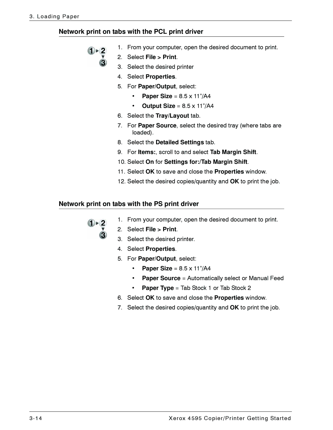 Xerox 4595 manual Network print on tabs with the PCL print driver, Network print on tabs with the PS print driver 