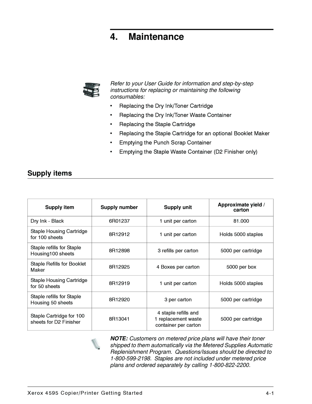 Xerox 4595 manual Maintenance, Supply items 