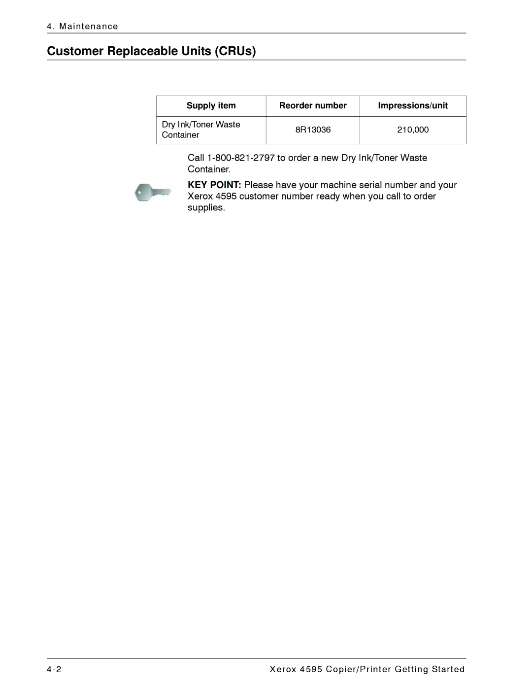 Xerox 4595 manual Customer Replaceable Units CRUs 