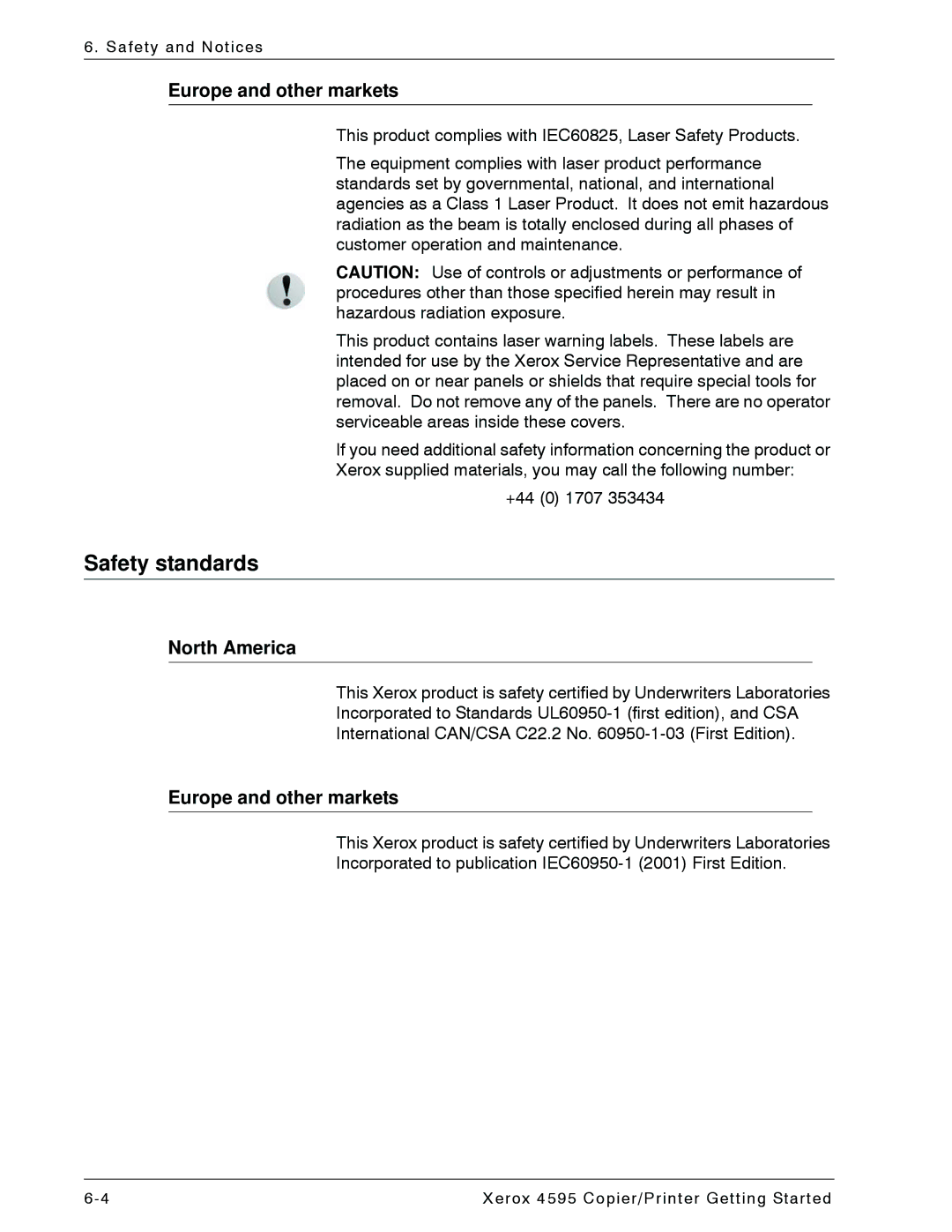 Xerox 4595 manual Safety standards, Europe and other markets 