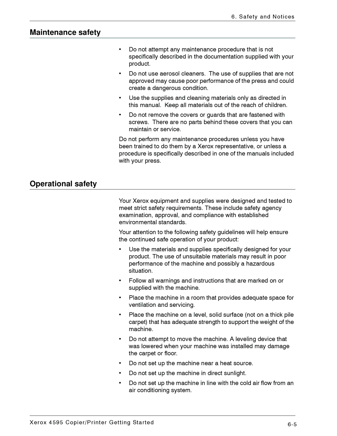 Xerox 4595 manual Maintenance safety, Operational safety 