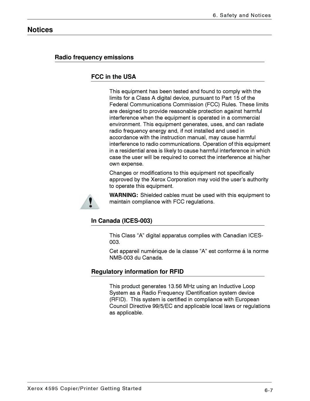 Xerox 4595 manual Radio frequency emissions FCC in the USA, Canada ICES-003, Regulatory information for Rfid 