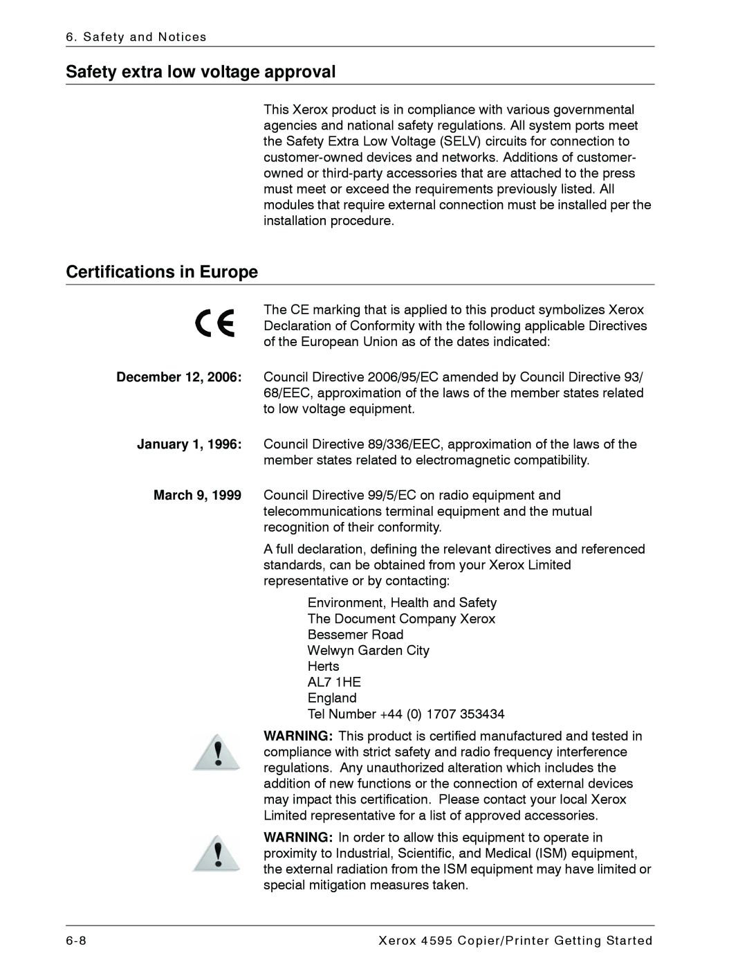 Xerox 4595 manual Safety extra low voltage approval, Certifications in Europe 