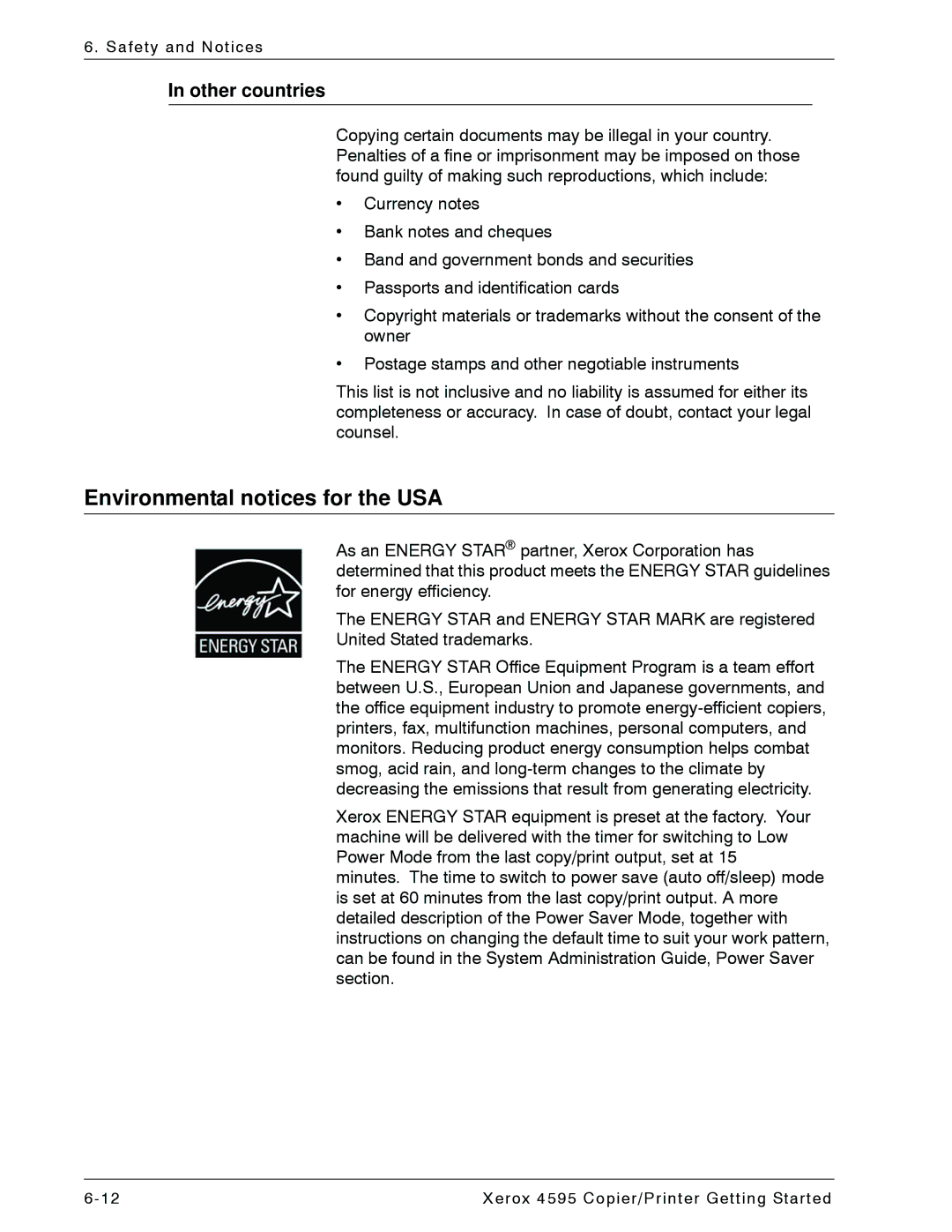 Xerox 4595 manual Environmental notices for the USA, Other countries 