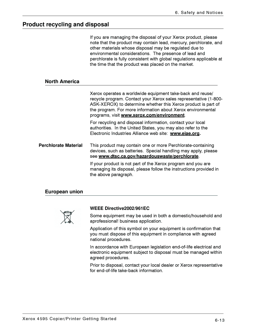 Xerox 4595 manual Product recycling and disposal, European union, Weee Directive2002/961EC 