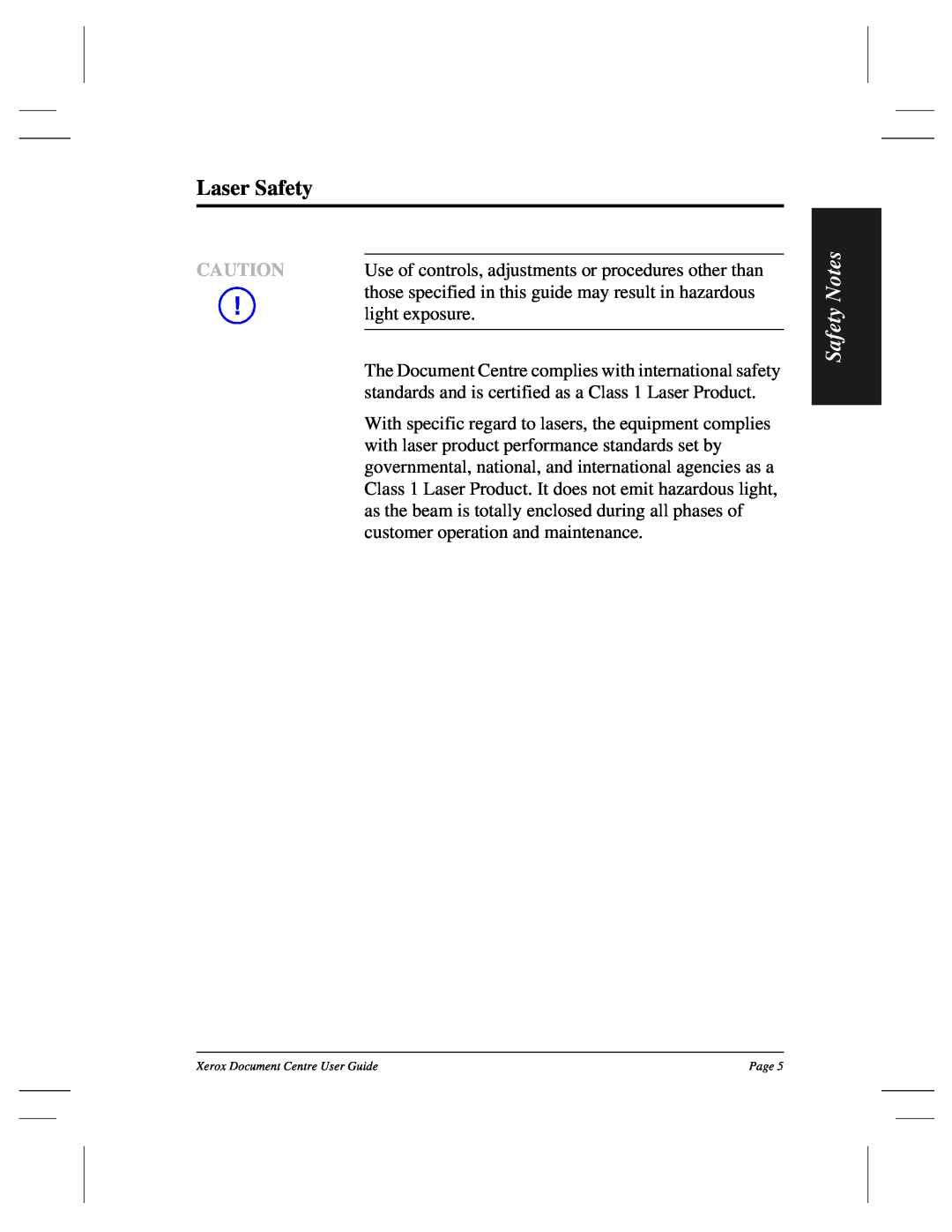 Xerox 460 DC, 470 ST, 460 ST, 470 DC, 255 DC, 240 DC, 265 DC manual Laser Safety, Safety Notes 