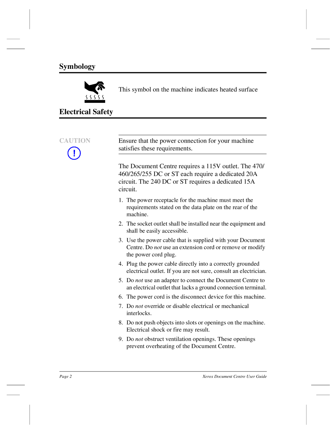 Xerox 470 ST, 460 ST, 470 DC, 460 DC, 255 DC, 240 DC, 265 DC manual Symbology, Electrical Safety 