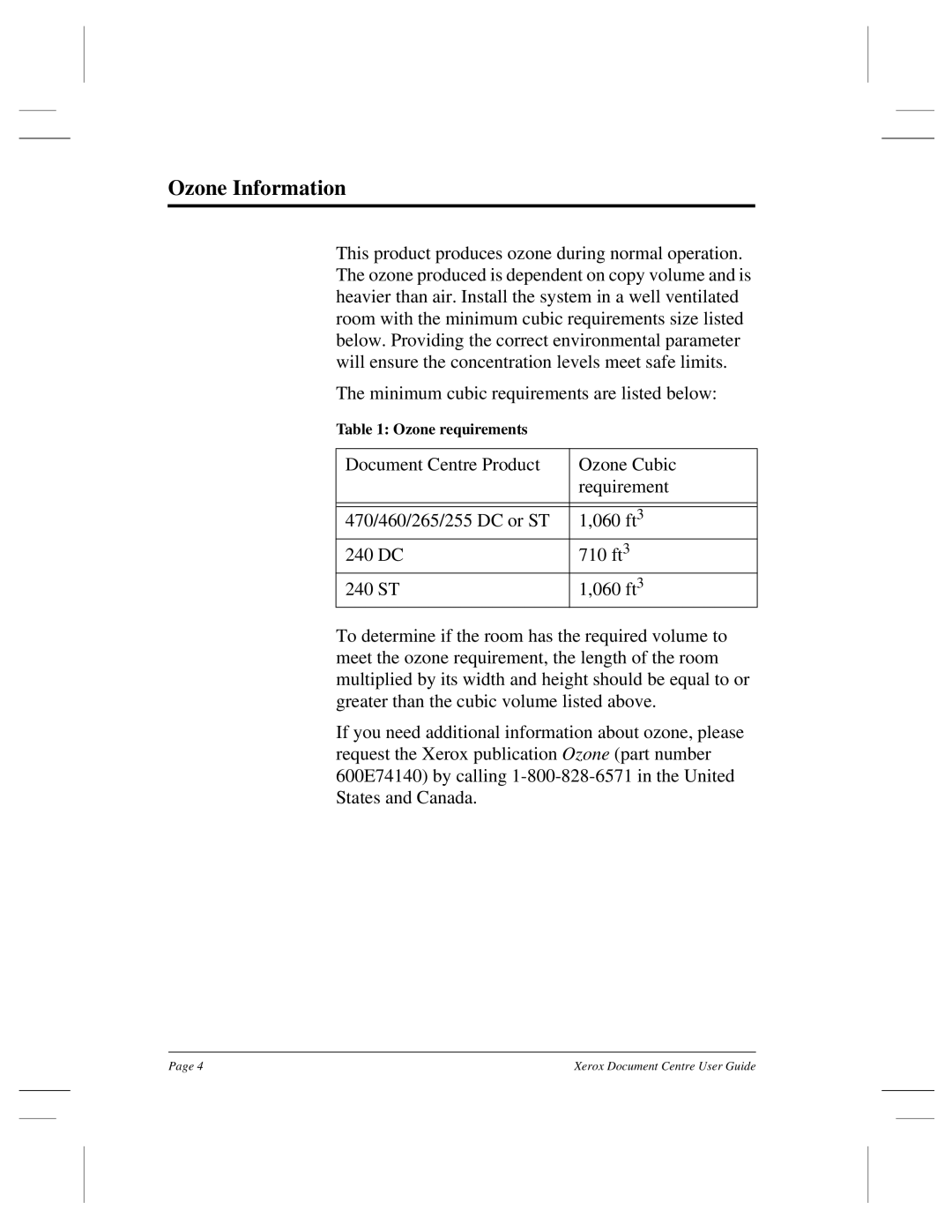 Xerox 470 DC, 470 ST, 460 ST, 460 DC, 255 DC, 240 DC, 265 DC manual Ozone Information 