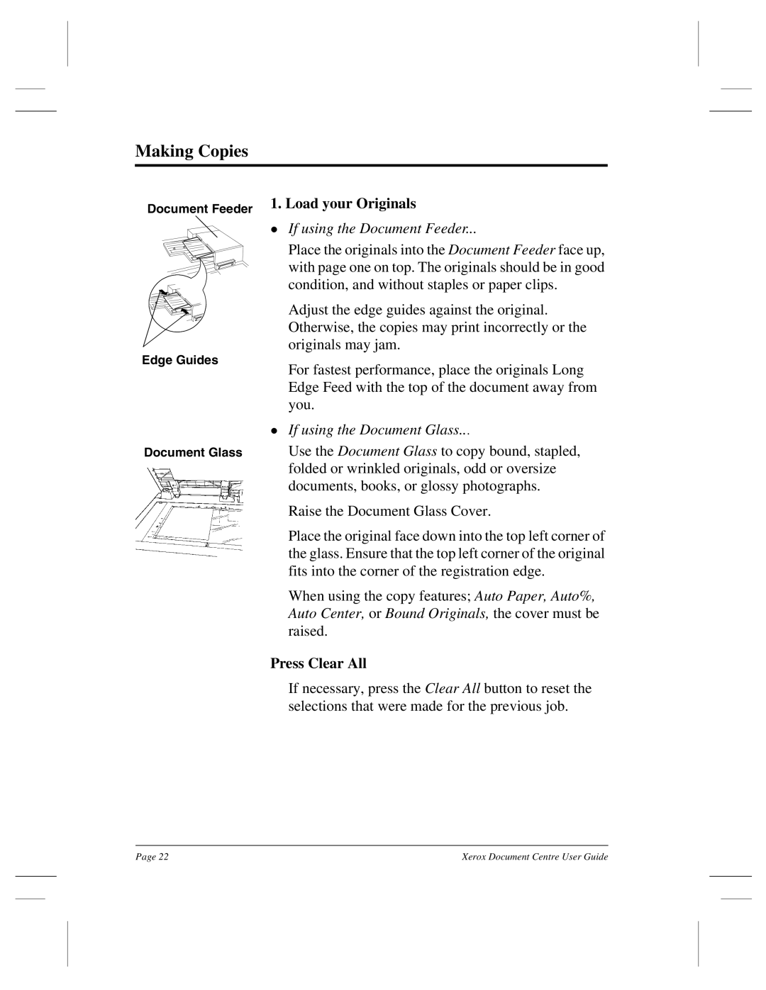 Xerox 265 DC, 470 ST, 460 ST, 470 DC, 460 DC, 255 DC, 240 DC manual Making Copies, L1. Load your Originals, Press Clear All 