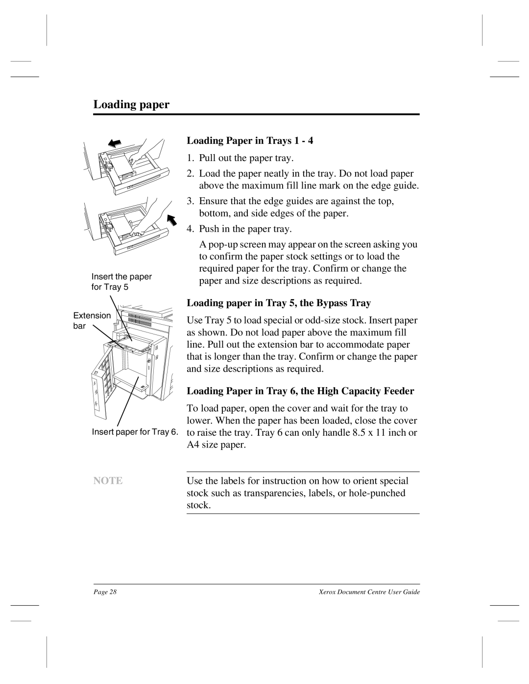 Xerox 240 DC, 470 ST, 460 ST, 470 DC, 460 DC, 255 DC Loading Paper in Trays 1, Loading paper in Tray 5, the Bypass Tray 