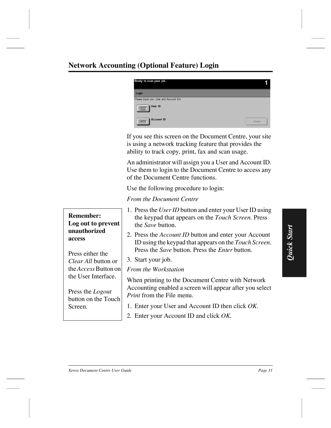 Xerox 460 ST, 470 ST, 470 DC, 460 DC, 255 DC, 240 DC manual Network Accounting Optional Feature Login, From the Document Centre 