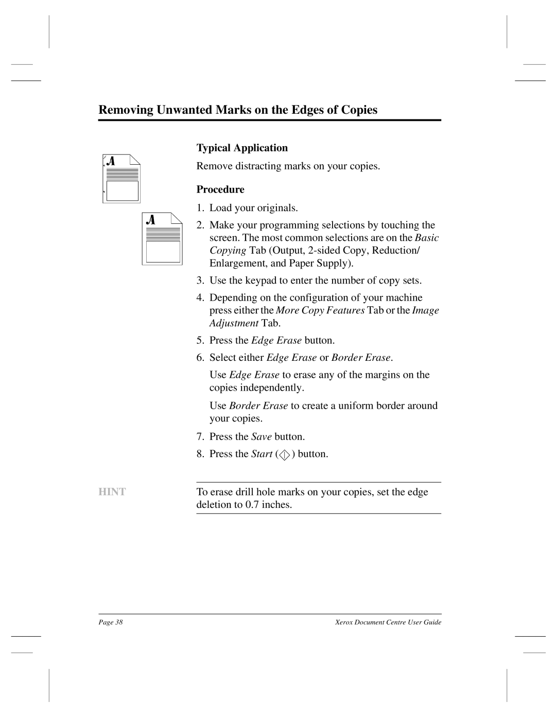 Xerox 460 ST, 470 ST, 470 DC manual Removing Unwanted Marks on the Edges of Copies, Select either Edge Erase or Border Erase 