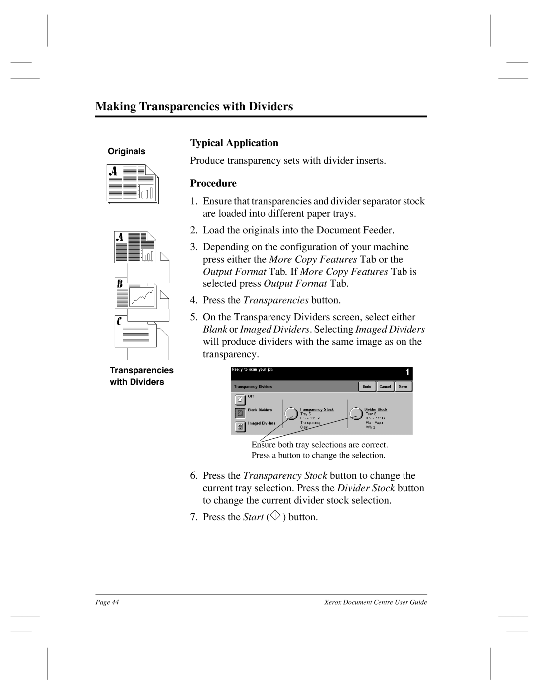 Xerox 470 ST, 460 ST, 470 DC, 460 DC, 255 DC, 240 DC, 265 DC manual Making Transparencies with Dividers 