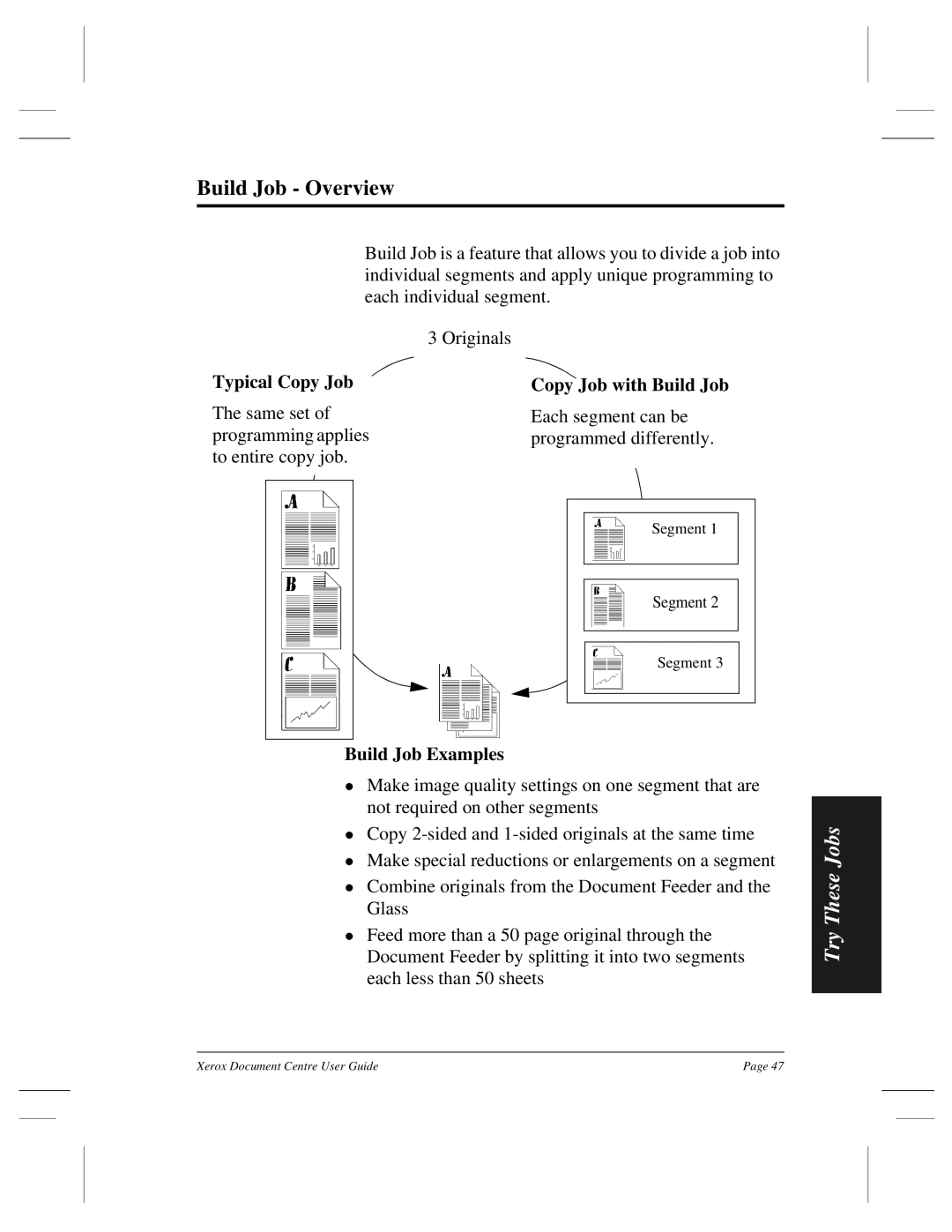 Xerox 460 DC, 470 ST, 460 ST, 470 DC manual Build Job Overview, Typical Copy Job, Copy Job with Build Job, Build Job Examples 