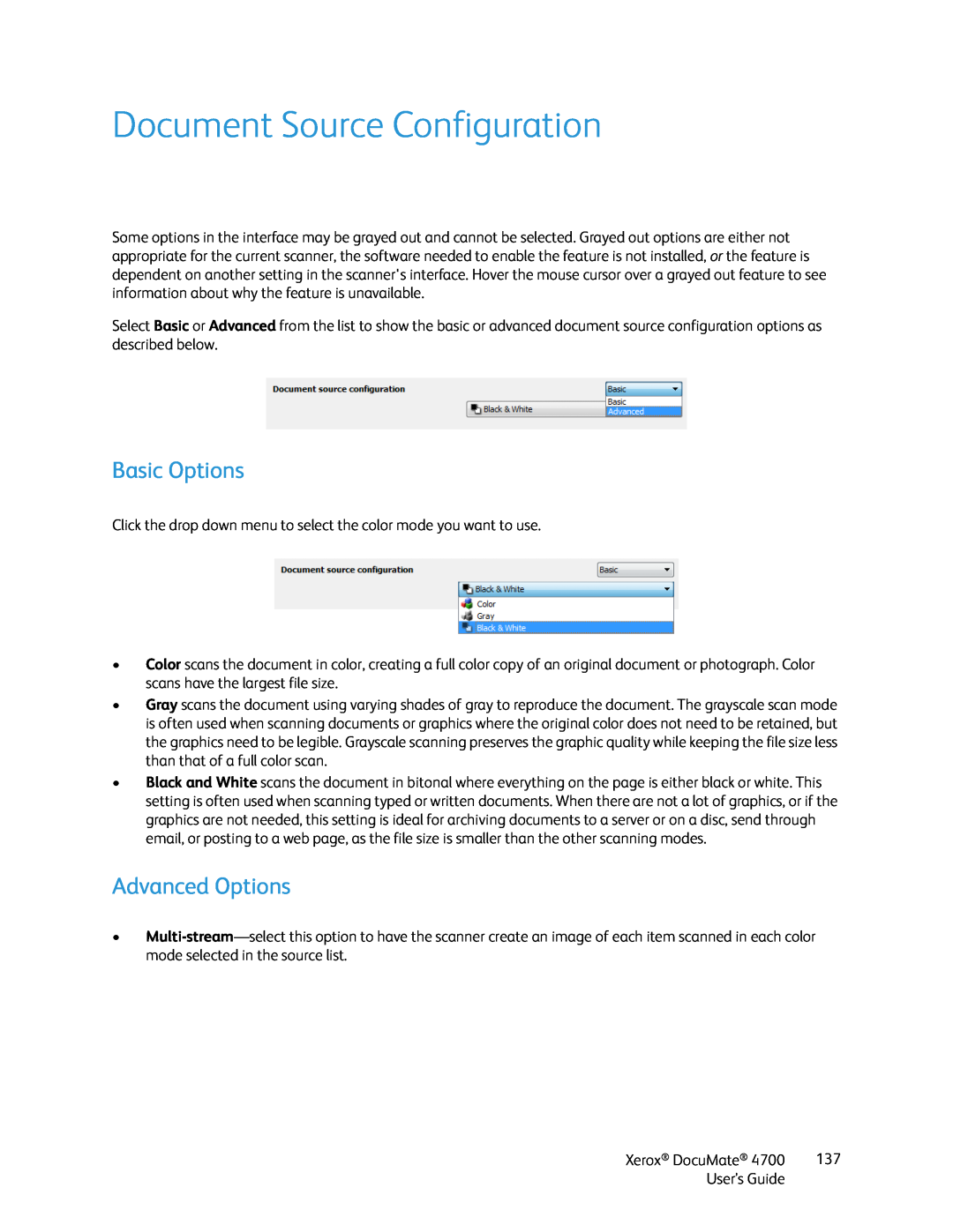 Xerox 4700 manual Document Source Configuration, Basic Options, Advanced Options 