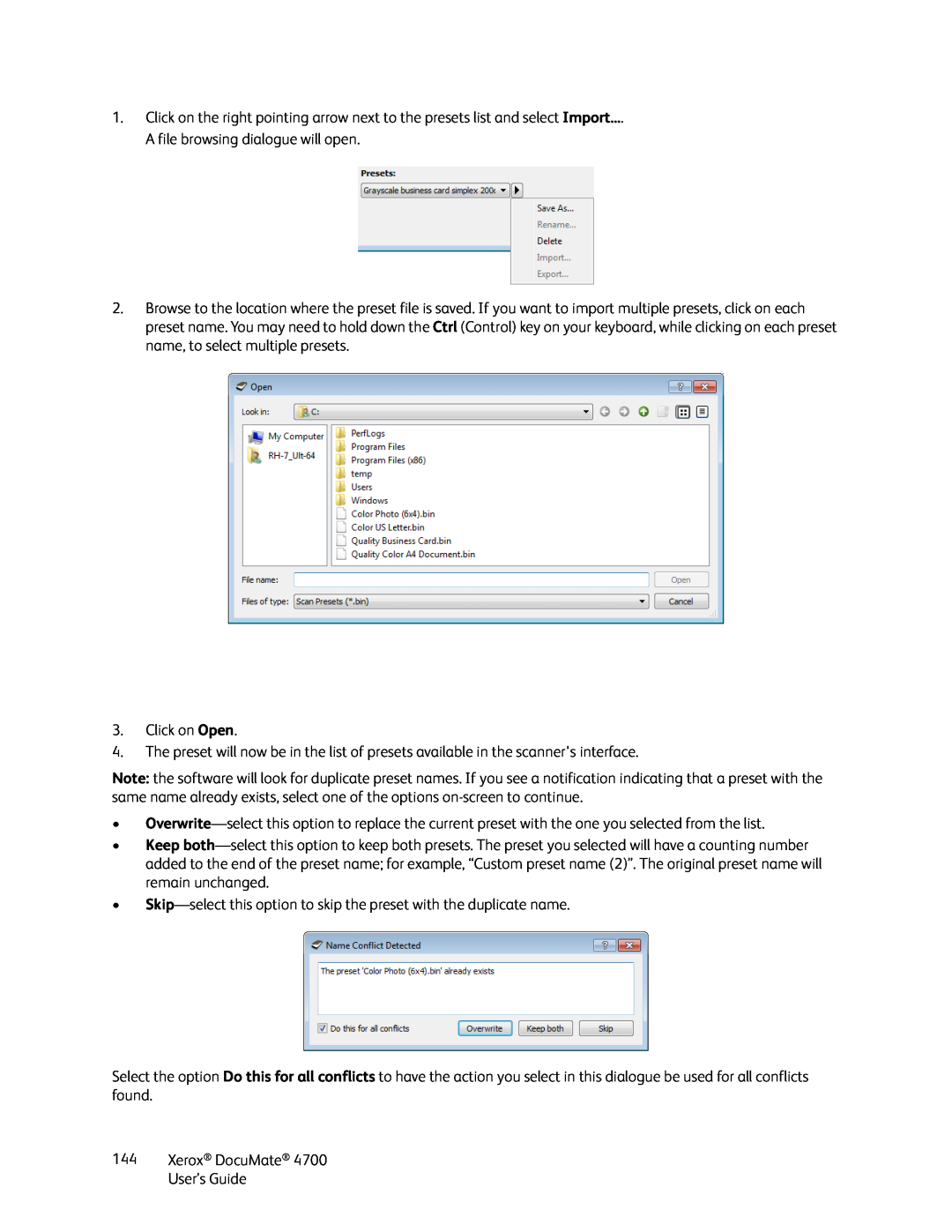 Xerox manual A file browsing dialogue will open, Click on Open, Xerox DocuMate 4700 User’s Guide 