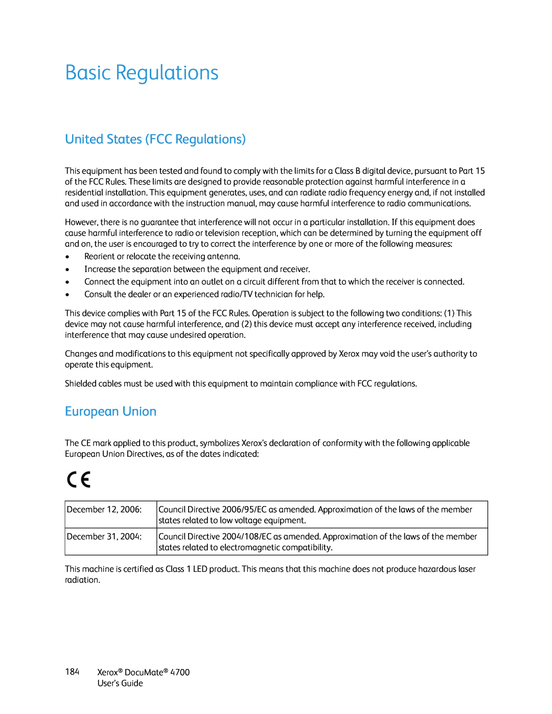 Xerox 4700 manual Basic Regulations, United States FCC Regulations, European Union 