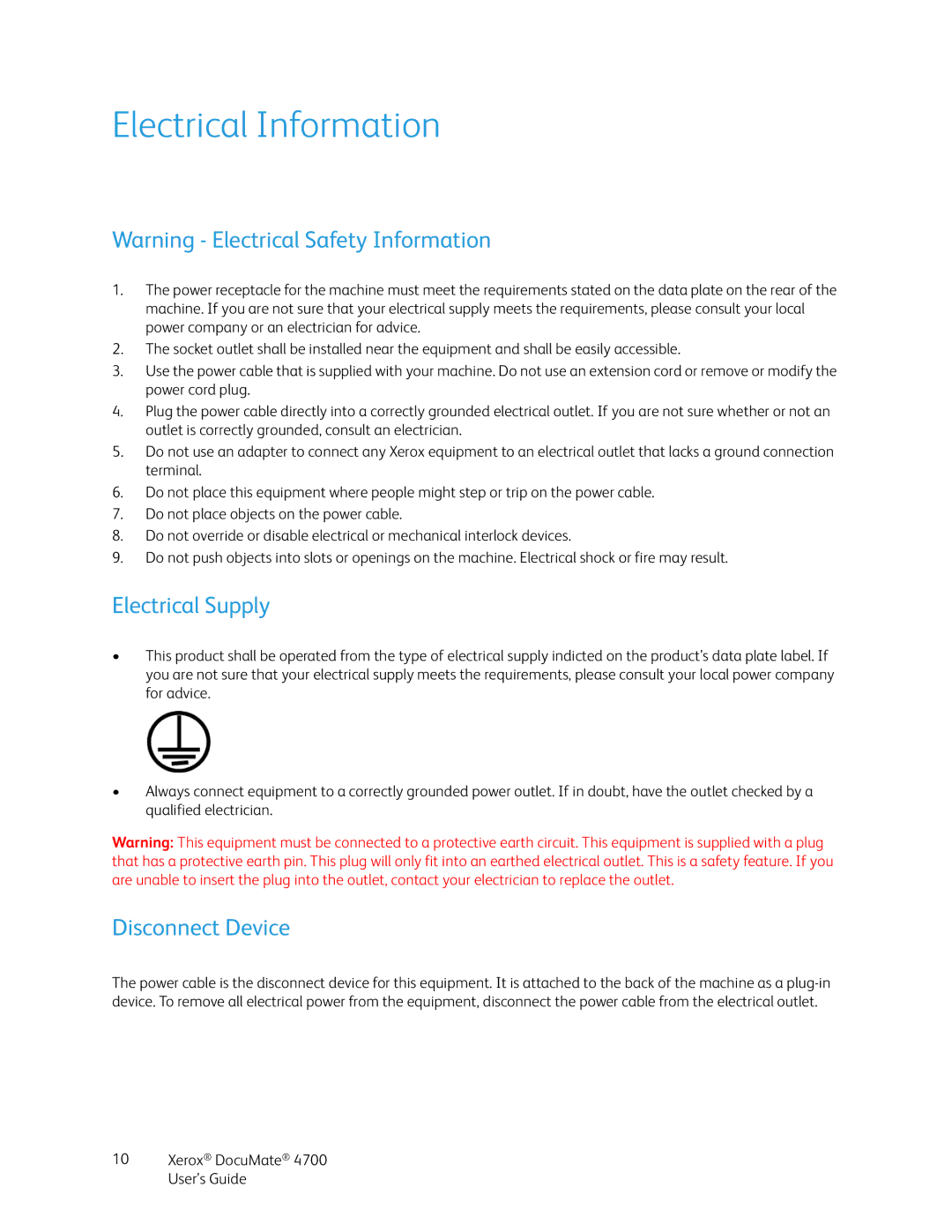 Xerox 4700 manual Electrical Information, Electrical Supply, Disconnect Device 