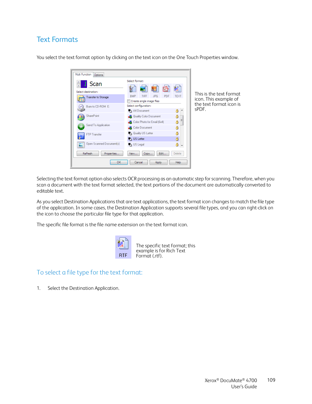 Xerox 4700 manual Text Formats, To select a file type for the text format 