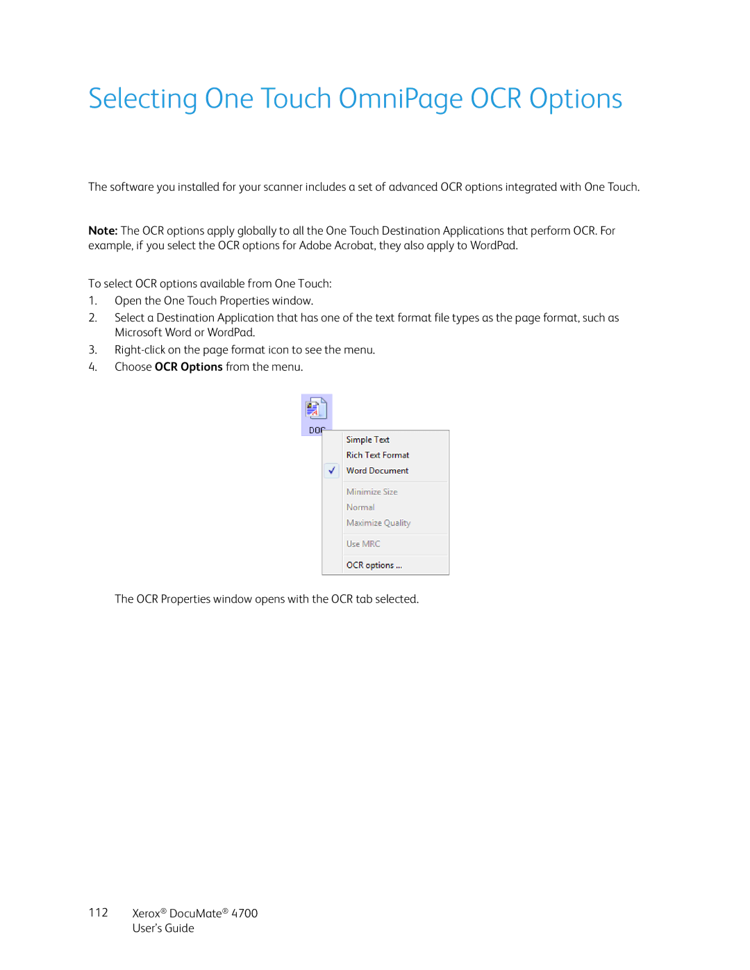 Xerox 4700 manual Selecting One Touch OmniPage OCR Options 