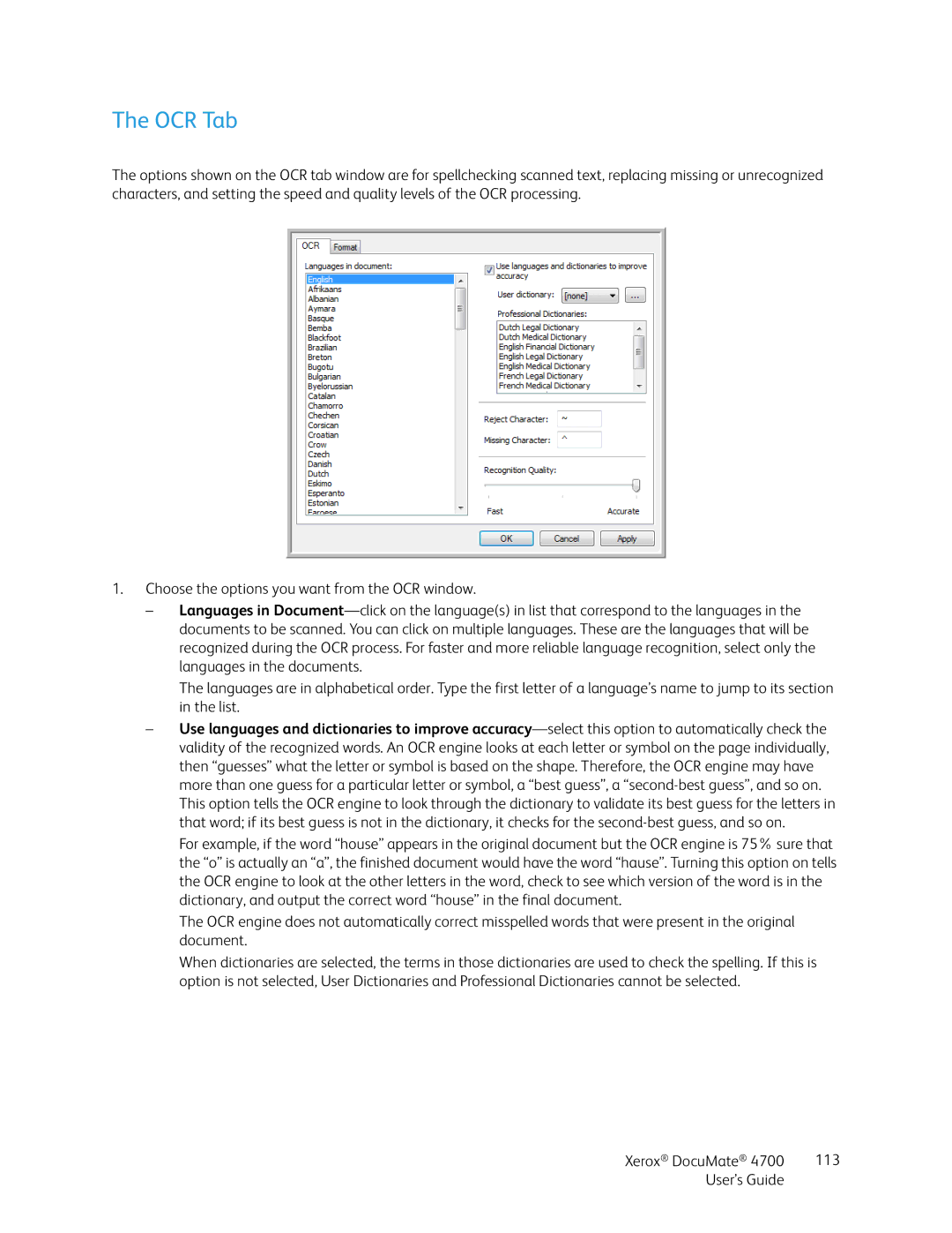 Xerox 4700 manual OCR Tab, Xerox DocuMate 113 User’s Guide 