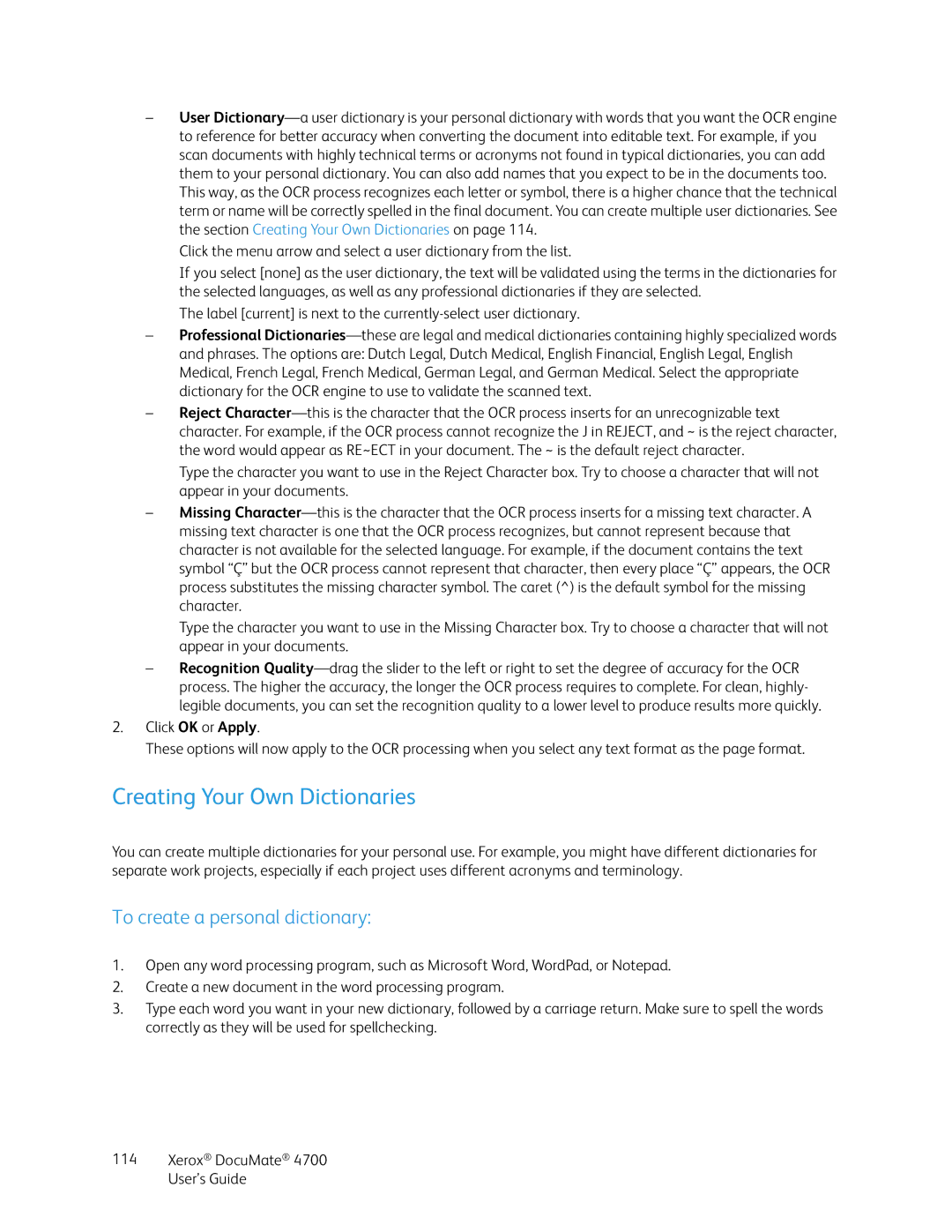 Xerox 4700 manual Creating Your Own Dictionaries, To create a personal dictionary 