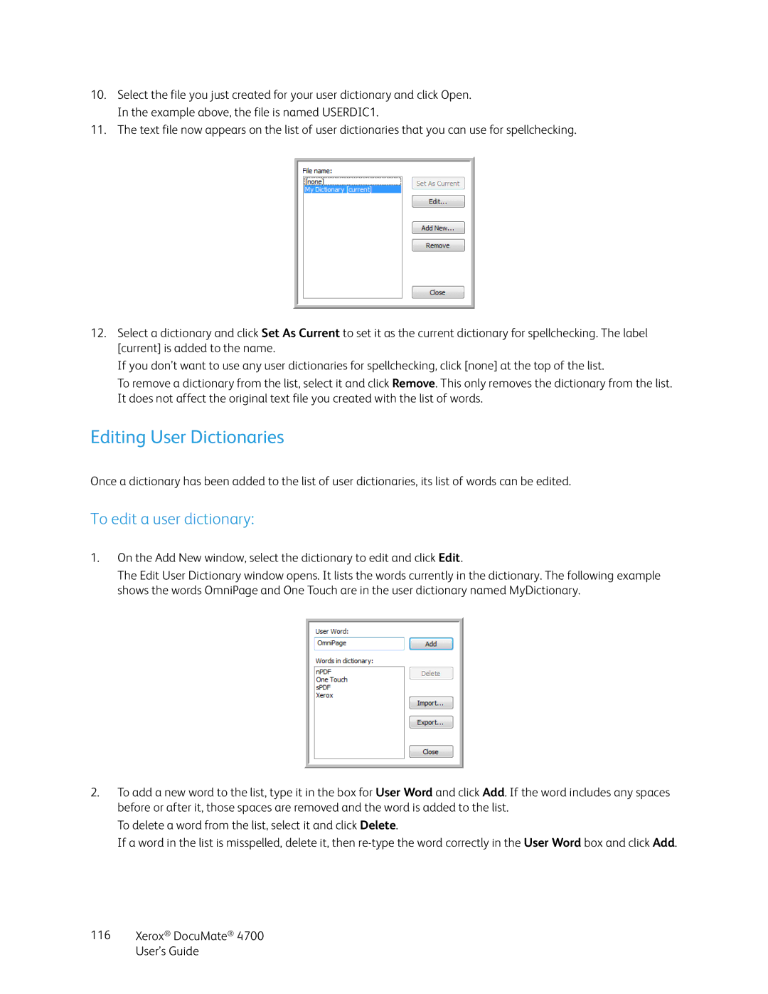 Xerox 4700 manual Editing User Dictionaries, To edit a user dictionary 