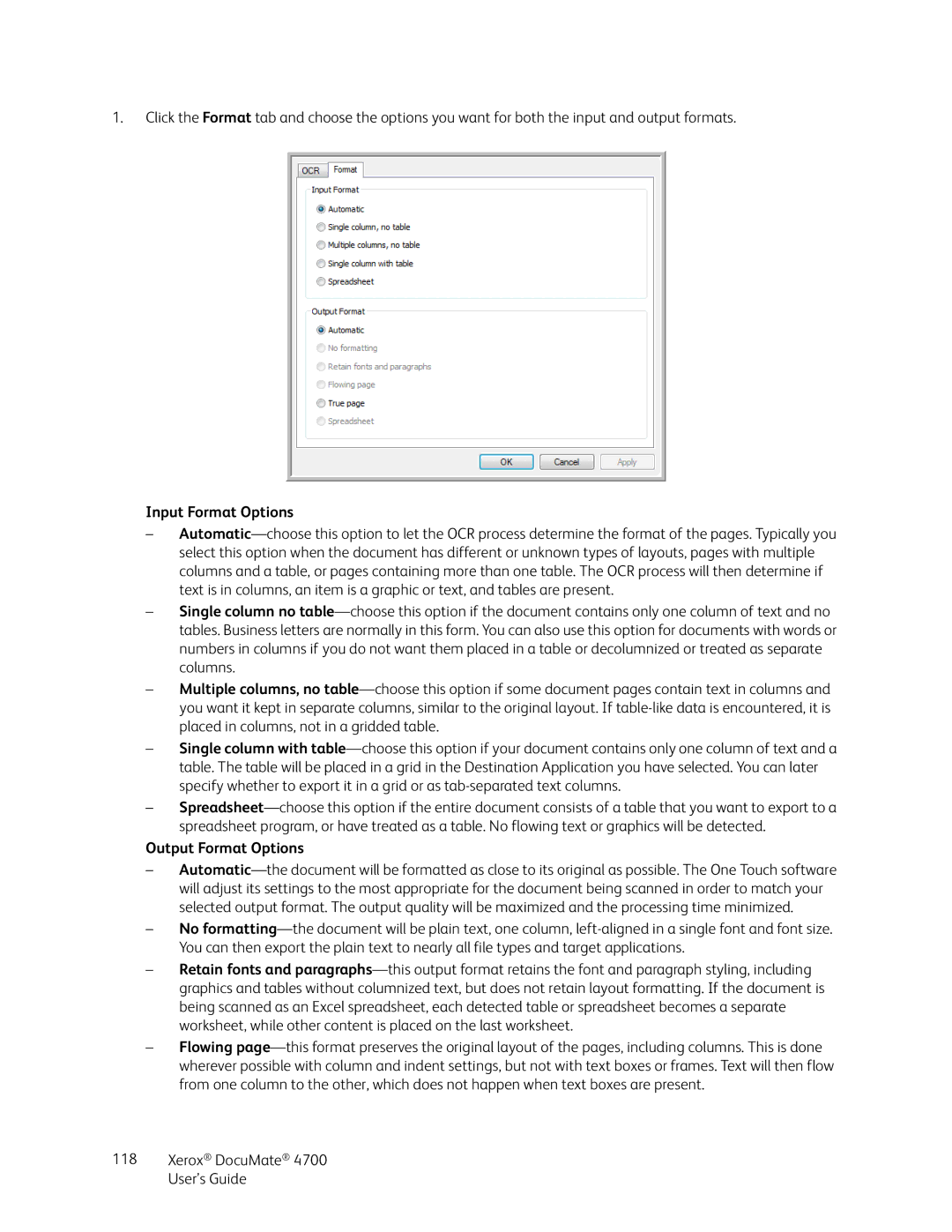 Xerox 4700 manual Input Format Options, Output Format Options 