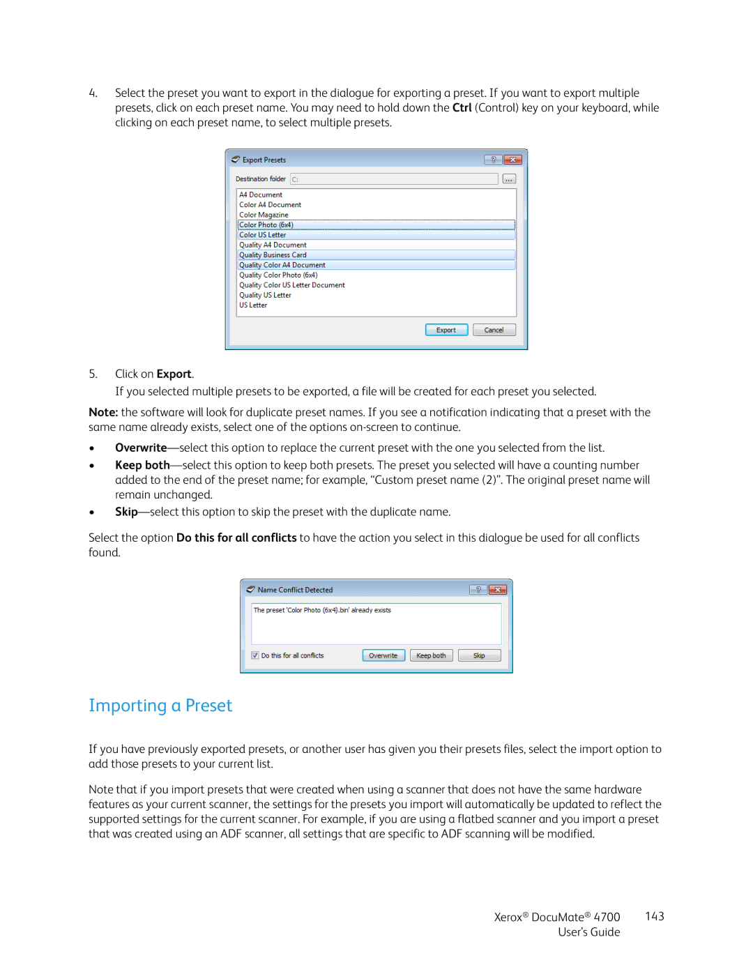 Xerox 4700 manual Importing a Preset 