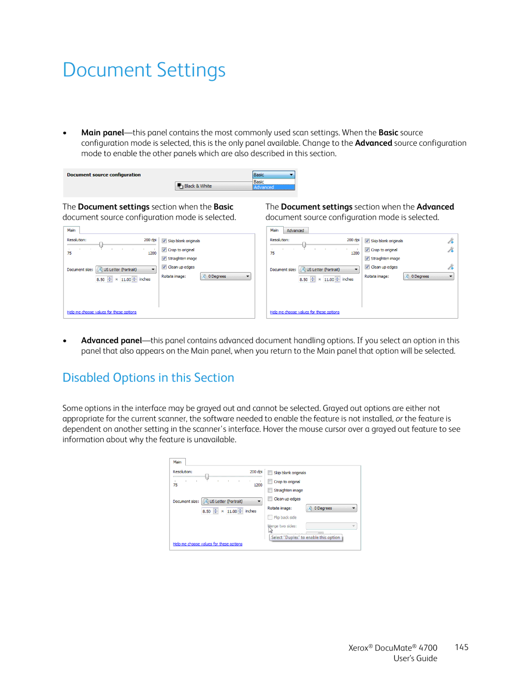 Xerox 4700 manual Document Settings, Disabled Options in this Section 