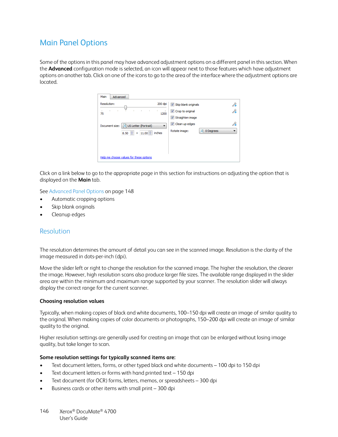 Xerox 4700 manual Main Panel Options, Resolution, Choosing resolution values 