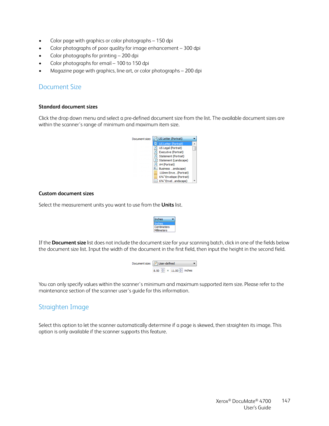 Xerox 4700 manual Document Size, Straighten Image, Standard document sizes, Custom document sizes 