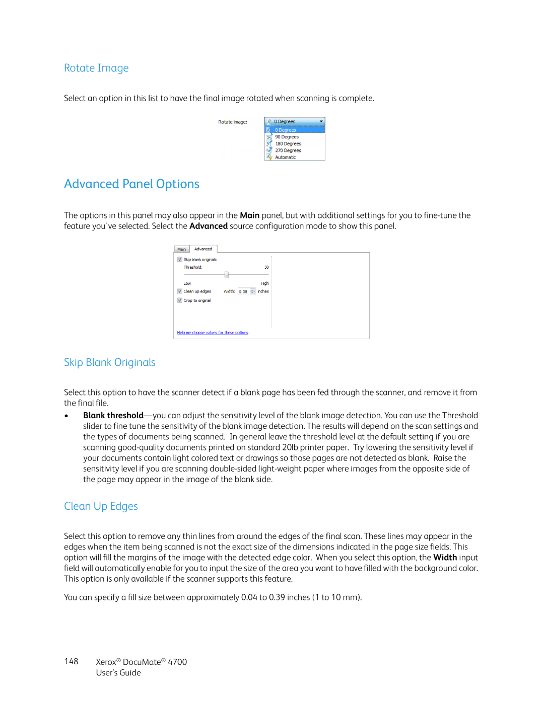 Xerox 4700 manual Advanced Panel Options, Rotate Image, Skip Blank Originals, Clean Up Edges 